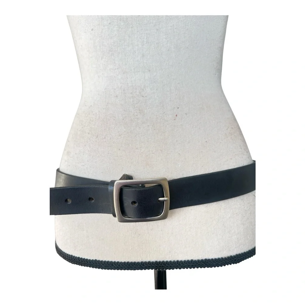 Classic Black Leather Belt with Silver Square Buckle